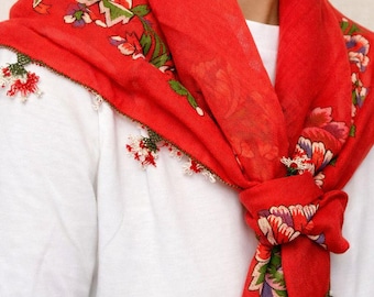 Vibrant Red Turkish Oya Scarf - Traditional Needle Lace Cotton