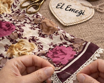 Burgundy Rose Oya Scarf, Turkish Cotton Headscarf, Handmade Needle Lace
