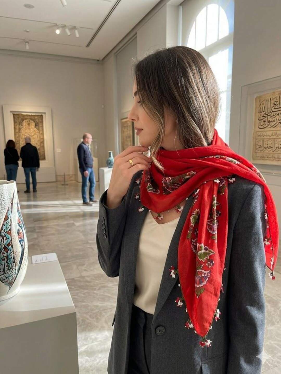 Vibrant Red Turkish Oya Scarf - Traditional Needle Lace Cotton
