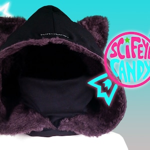 Black with Faux Fur Kitty Cat Winter Hood Scarf by SciFeyeCandy