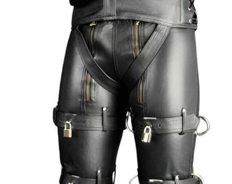 Pantalones y polainas de cuero para motorista para hombre / Pantalones de cuero vacuno resistente para motociclista