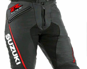Pantalones de cuero para moto hechos a mano, pantalones de motociclismo de competición para motociclistas Suzuki