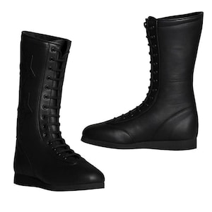 Stivali da wrestling in pelle fatti a mano: toppa con stella nera, calzature unisex personalizzabili