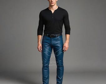 Pantalones de piel de oveja hechos a mano para hombre / Pantalones de motociclista ajustados azules