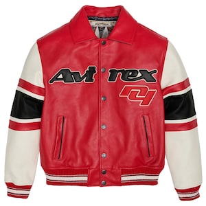 May include: Red leather jacket with white sleeves and black stripes. The jacket features the text "Avirex" in black and the number "4" in red. The jacket has a button-up front and a ribbed hem.