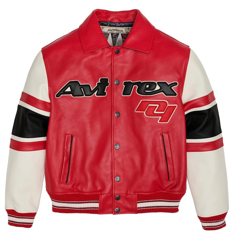 May include: Red leather jacket with white sleeves and black stripes. The jacket features the text "Avirex" in black and the number "4" in red. The jacket has a button-up front and a ribbed hem.