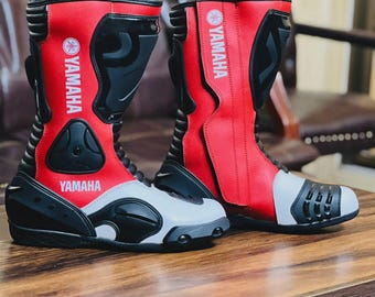 Conjunto de botas y guantes para moto Yamaha: equipo de carreras de cuero genuino rojo