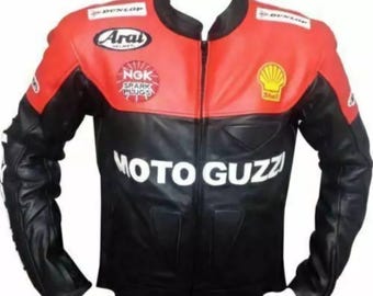Chaqueta de motociclista de cuero Moto Guzzi: auténtica chaqueta de piel de vaca, estilo retro de carreras.
