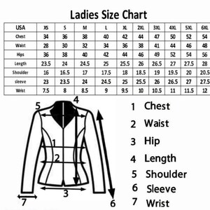 May include: A ladies' size chart with measurements in inches for chest, waist, hips, length, shoulder, sleeve, and wrist. The chart includes sizes from XS to 6XL, with a diagram of a jacket illustrating the measurement points.