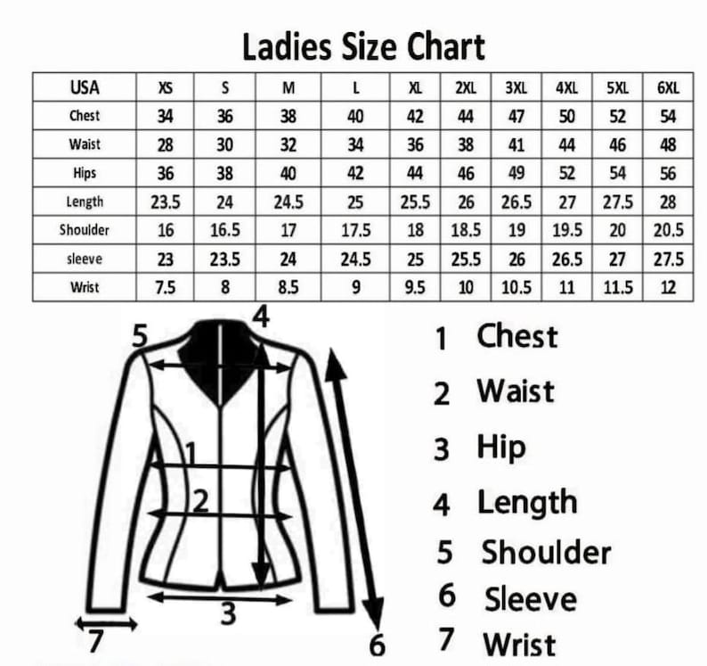 May include: A ladies' size chart with measurements in inches for chest, waist, hips, length, shoulder, sleeve, and wrist. The chart includes sizes from XS to 6XL, with a diagram of a jacket illustrating the measurement points.