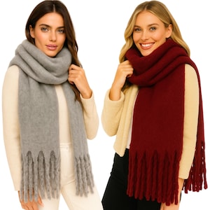 Cachecol de inverno feminino XXL – cachecol de viscose macio e aconchegante – acessório de outono com franjas – liso/unique quente 175 × 50 cm