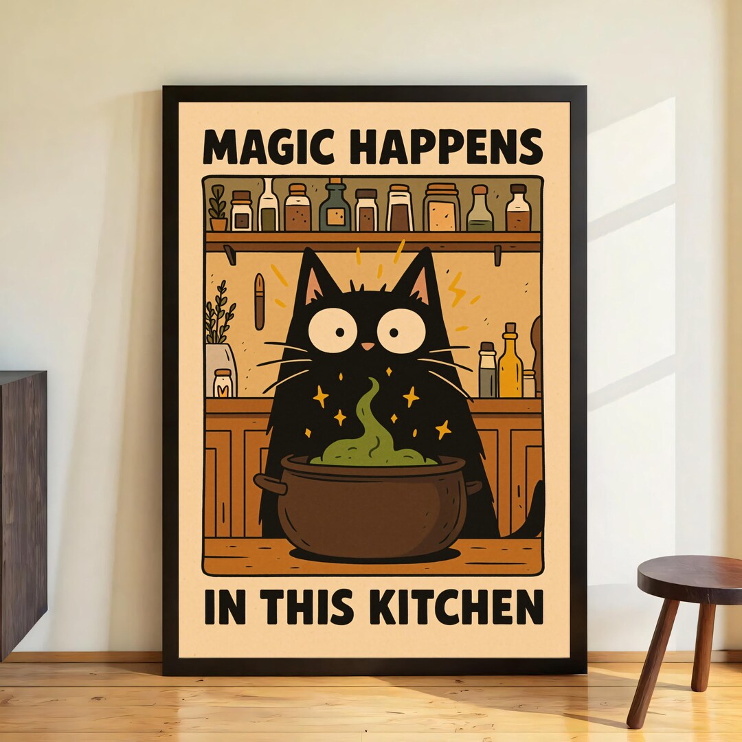 Funny Black Cat Kitchen Poster Printable - Vintage Witchy Cat Wall Art ...