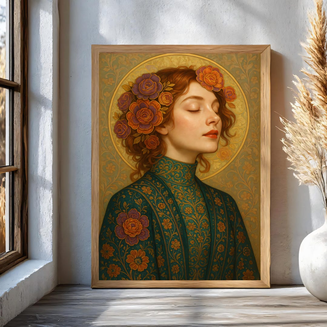 Printable Art Nouveau Floral Halo Portrait Poster, Vintage Woman With ...