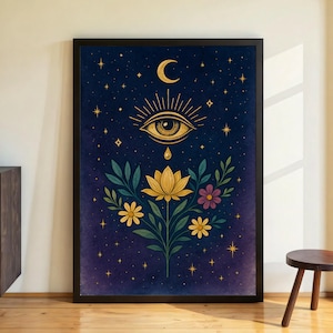 Affiche Mystic Eye - Art céleste bohème avec œil omniscient, lune, étoiles, fleur de lotus en or sur fond bleu nuit, art mural spirituel, numérique