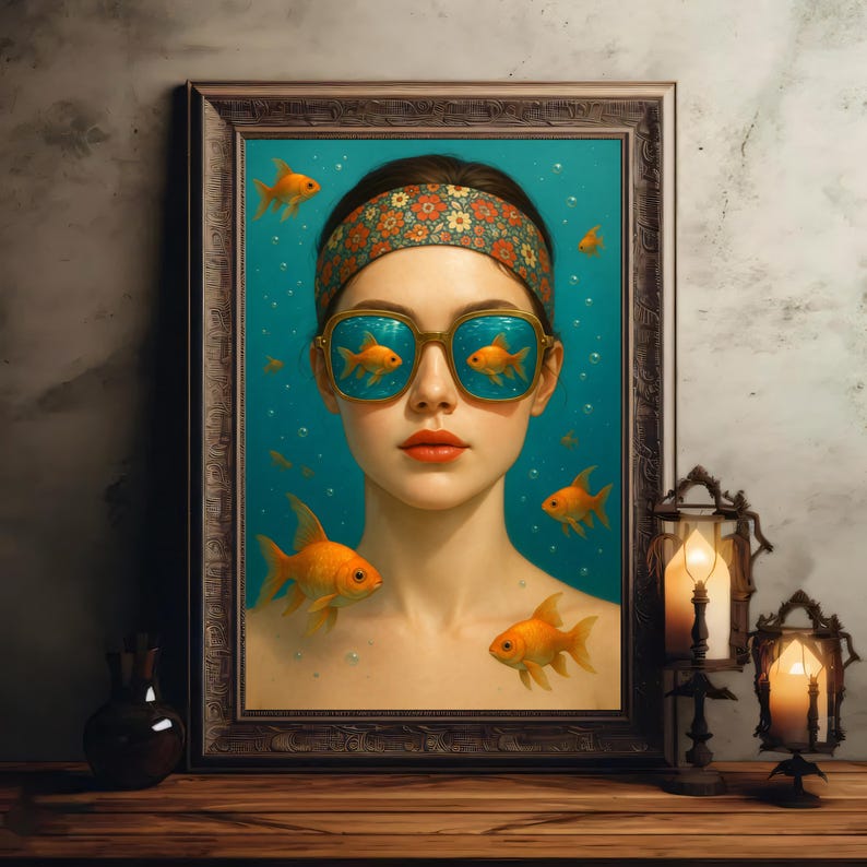 Printable Retro Goldfish Girl Poster Vintage Surreal Underwater ...