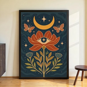 Mystical Flowers & Moon Poster – Spiritual Boho Wall Art – All-Seeing Eye Illustration, Esoteric Art, Digital Download