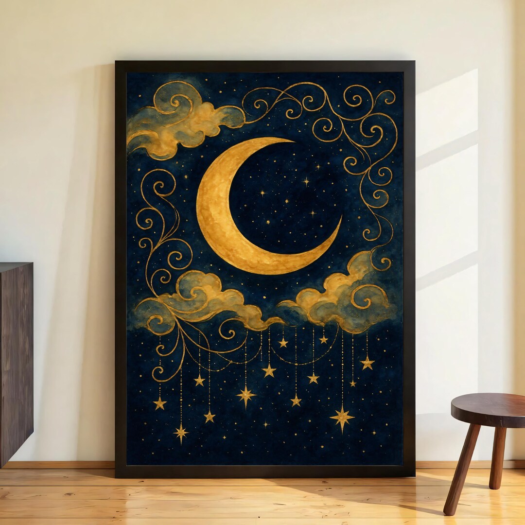 Printable Poster, Moon & Stars Mystical Night Art in Boho Style ...