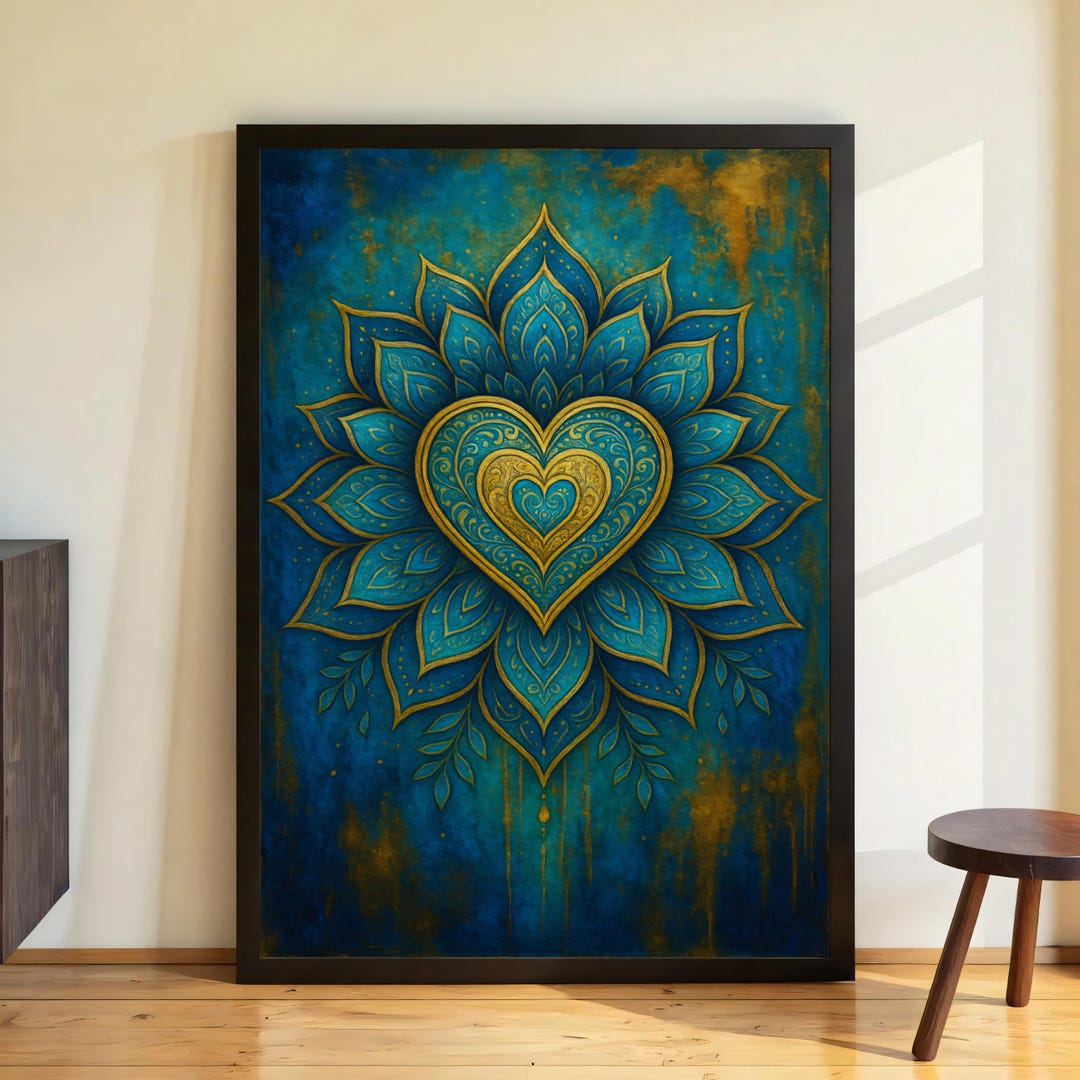 Printable Poster Heart Lotus Mandala Blue & Gold, Printable Wall Art ...