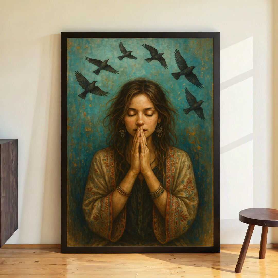Printable Poster Spiritual Woman Meditation, Printable Wall Art Boho Mindfulness Vintage Style ...