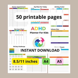 May include: ADHD planner for kids with 50 printable pages. Includes sections for doctor appointments, daily plans, and a 30-day challenge. Available in 8.5/11 inches, A4, and A5 sizes. Instant download.