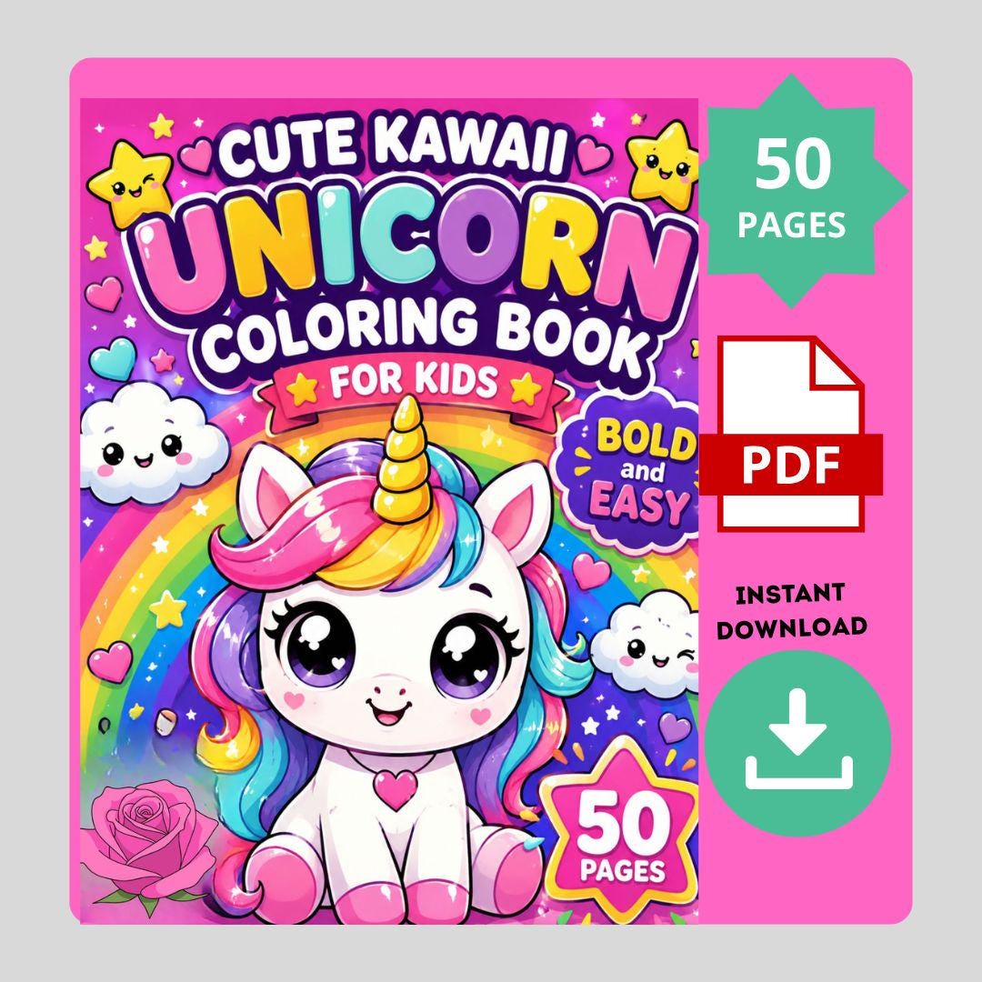 Kawaii Unicorn Coloring Book for Kids | Bold Easy Pages (PDF Download ...