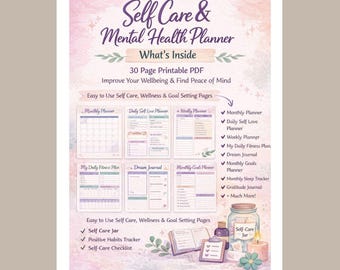 Self Care Planner Printable | Mental Health Planner | Daily Self Love, Gratitude & Wellness Journal | 30 Page PDF