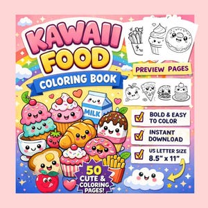 Peut inclure: Un livre de coloriage Kawaii Food avec des illustrations de nourriture mignonnes. La couverture présente divers aliments souriants comme des cupcakes, des beignets et du lait. Comprend des pages d'aperçu, des designs faciles à colorier et un téléchargement instantané. Format US Letter 21,6 cm x 27,9 cm.