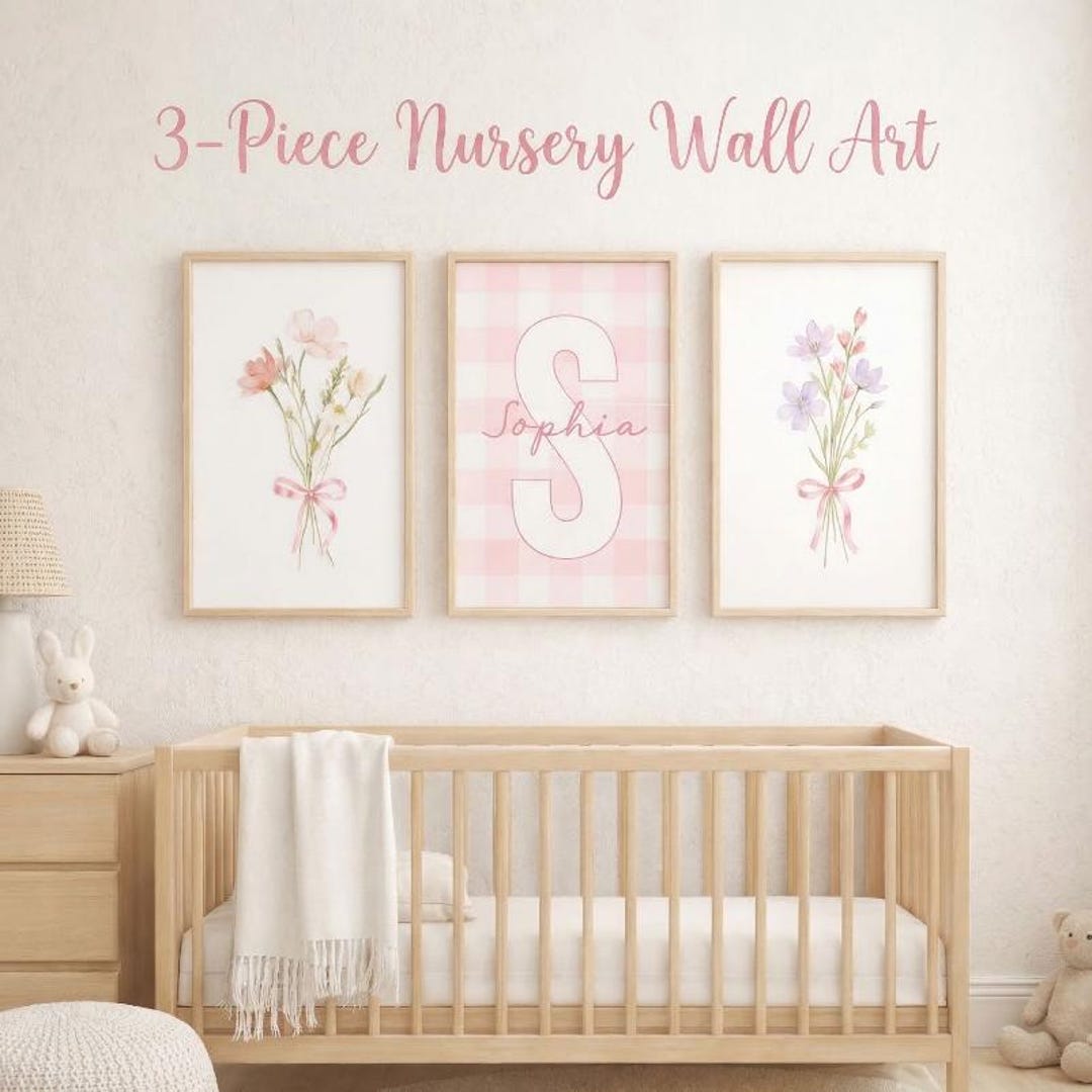 Set of 3 Floral Nursery Prints | Pink Gingham Baby Girl Wall Decor - Etsy