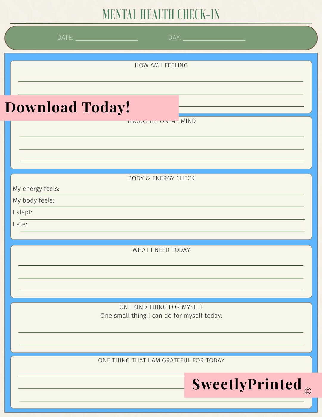 Mental Health Check in Planner Printable | Daily Wellness Reflection ...