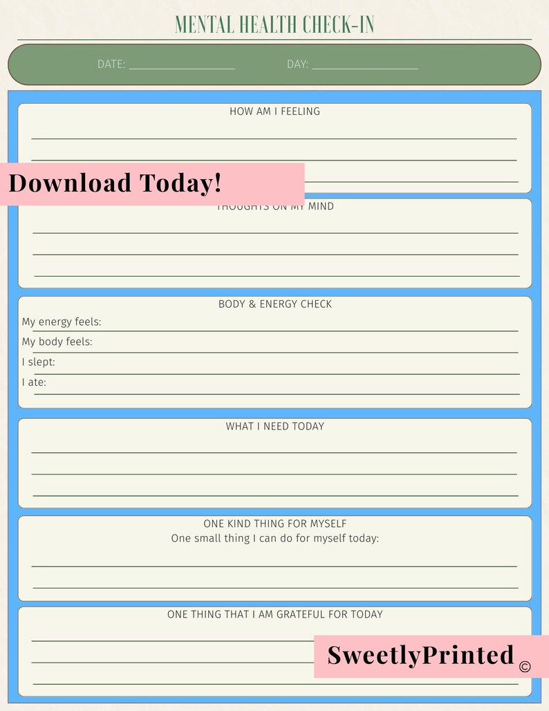 Mental Health Check in Planner Printable | Daily Wellness Reflection ...