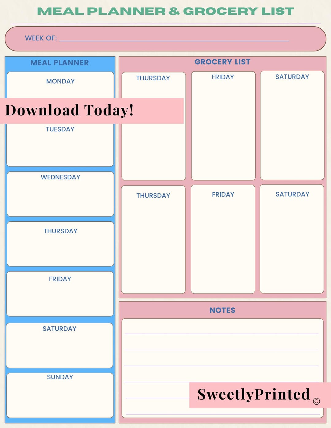 Meal Planner & Grocery List Printable | Weekly Meal Planning | Kitchen ...