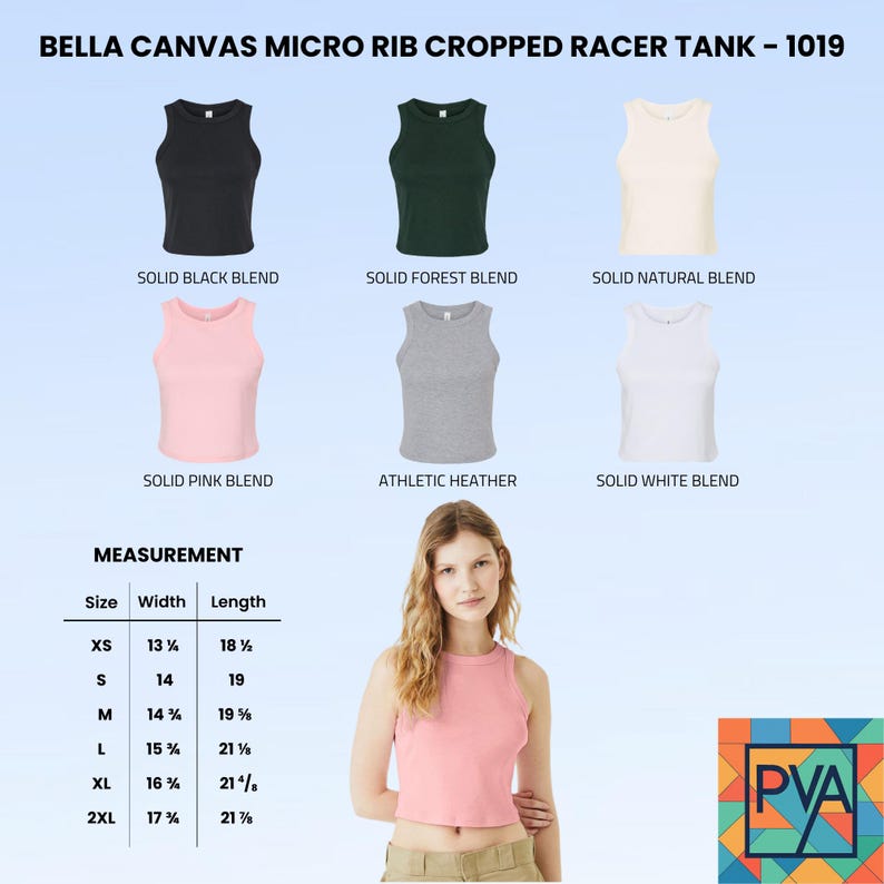 May include: Bella Canvas 1019 micro rib cropped racer tank tops in solid black, forest, natural, pink, athletic heather, and white. Includes a size chart with width and length measurements in cm for sizes XS through 2XL and a product photo.