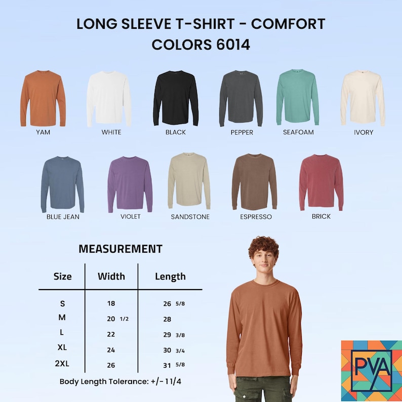 May include: A display of long-sleeve t-shirts in various colors, including Yam, White, Black, Pepper, Seafoam, and Ivory. The image also shows a measurement chart with sizes and dimensions, and a person wearing a Yam-colored long-sleeve shirt.