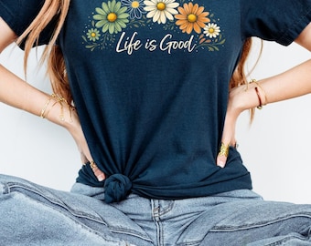 Comfort Colors® lente-madeliefje-T-shirt, life is good-T-shirt, bloemenprint, boho-bloemenT-shirt, pastelkleurige margriet-T-shirt dames, vintage lenteshirt