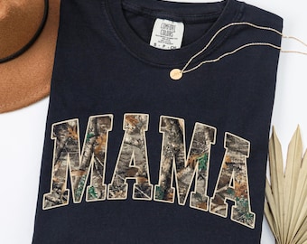 Comfort Colors® Hunting Mama T-Shirt, Camo Mama Shirt, Mother's Day Gift, Camouflage Mama T-Shirt, Varsity Mama Shirt, Retro Mam Shirt