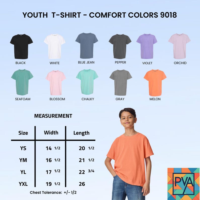 May include: A youth t-shirt in various colors, including black, white, blue jean, pepper, violet, orchid, seafoam, blossom, chalky, gray, and melon. The image includes a size chart with measurements in inches, and the text "YOUTH T-SHIRT - COMFORT COLORS 9018".
