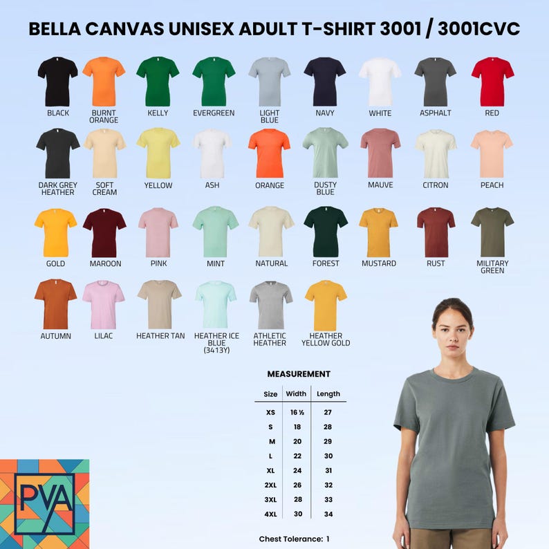 May include: A display of Bella Canvas unisex adult t-shirts in various colors, including black, orange, green, blue, and white. The image also shows a size chart with measurements in inches, and a woman wearing a gray t-shirt.