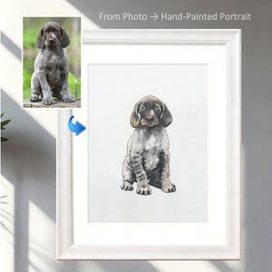 May include: A framed hand-painted portrait of a dog, with a photo reference in the upper left corner. The artwork depicts a seated puppy with brown and gray fur, and the text "From Photo -> Hand-Painted Portrait" is above the artwork.