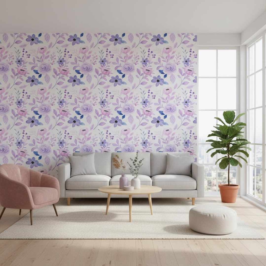 Purple Watercolor Floral Wallpaper, Lavender Rose Wall Mural, Peel and ...