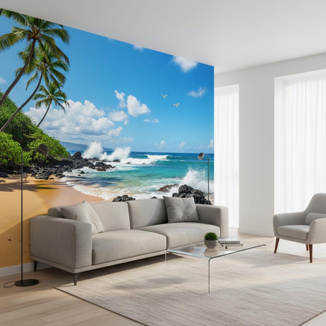 Tropical Beach Wall Mural – Golden Sand, Palm Trees and Ocean Waves ...
