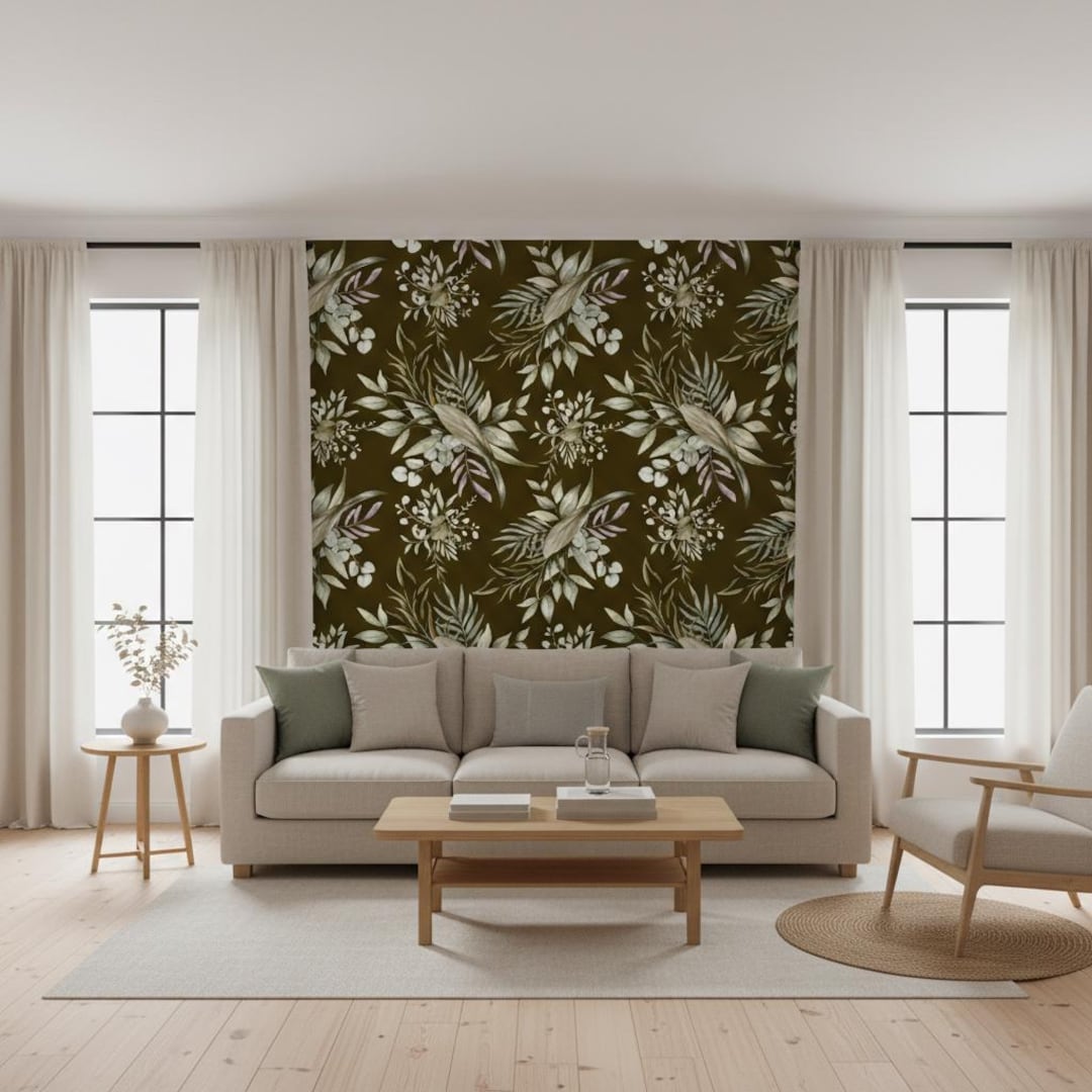 Moody Botanical Wallpaper, Olive Green Eucalyptus Mural, Peel and Stick ...