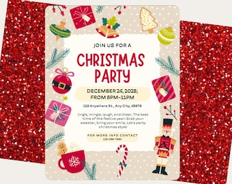 May include: A festive Christmas party invitation with a red glitter background. The invitation features holiday-themed illustrations like ornaments, gifts, and a nutcracker. Text includes "Christmas Party" and event details: December 24, 2025, from 8 PM to 11 PM.