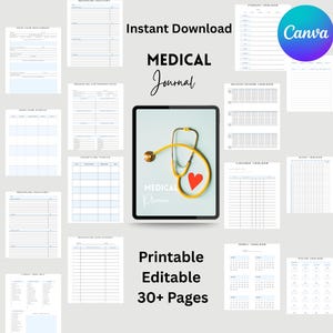 Peut inclure: Un journal médical numérique avec plus de 30 pages imprimables et modifiables. Le journal comprend un graphique de stéthoscope avec un cœur et le texte "Medical Journal" et "Medical Planner".