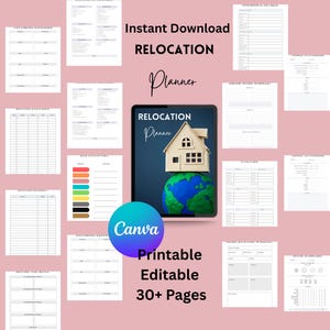 May include: A digital relocation planner with a house on top of a globe, surrounded by printable pages. The planner includes expense trackers, checklists, and budget sheets. The text reads "Instant Download Relocation Planner" and "Printable Editable 30+ Pages."