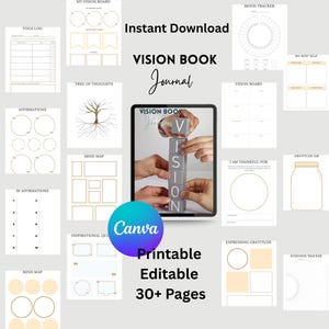 Puede incluir: Un diario de libro de visión digital con varias páginas para la autorreflexión, que incluye un registro de yoga, afirmaciones y mapas mentales. La imagen presenta una tableta que muestra el diario, rodeada de páginas imprimibles con texto como "Vision Book Journal" y "30+ Pages."