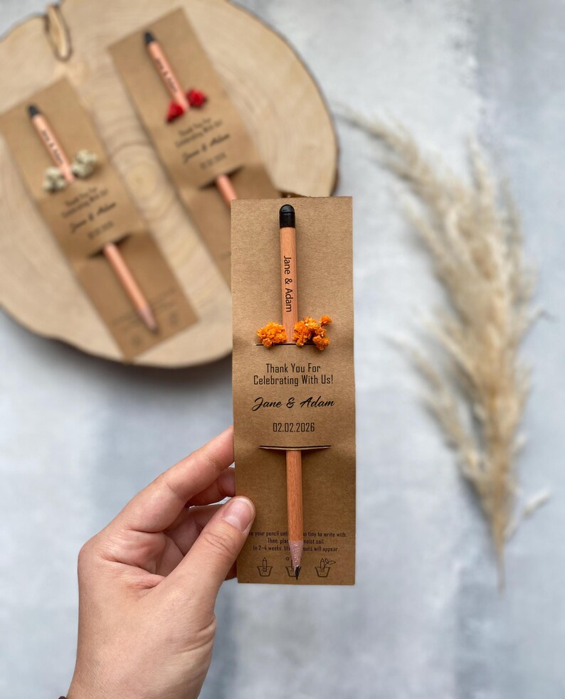 There are flowers and a pencil with seeds on the card.