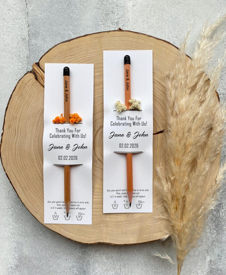 There are flowers and a pencil with seeds on the card.