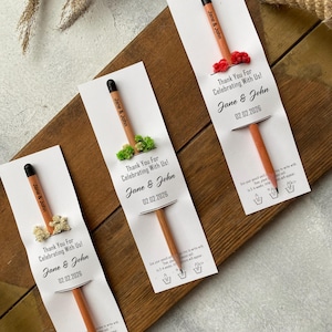 There are flowers and a pencil with seeds on the card.
