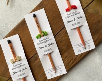 Recuerdos de boda personalizados con forma de lápiz, recuerdos ecológicos personalizados para invitados de boda, recuerdo de lápiz con semillas plantables para invitados de boda.