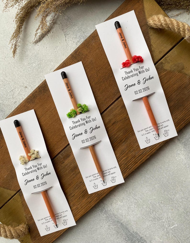 There are flowers and a pencil with seeds on the card.